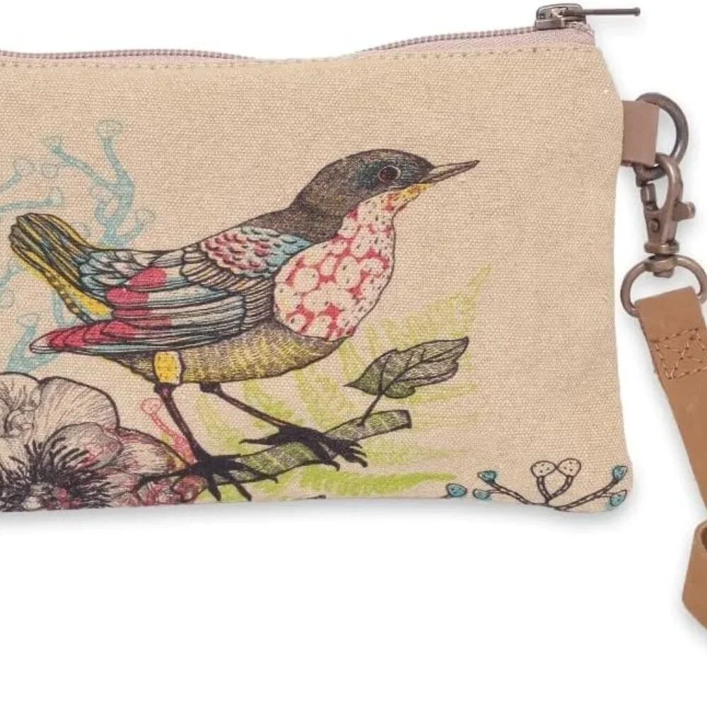 Wristlet Wallet Women Cotton Canvas Leather Strap 4.7x8 Functional Stylish